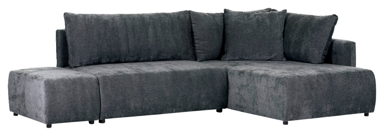 Graues Ecksofa mit weichen Kissen, Vorderansicht