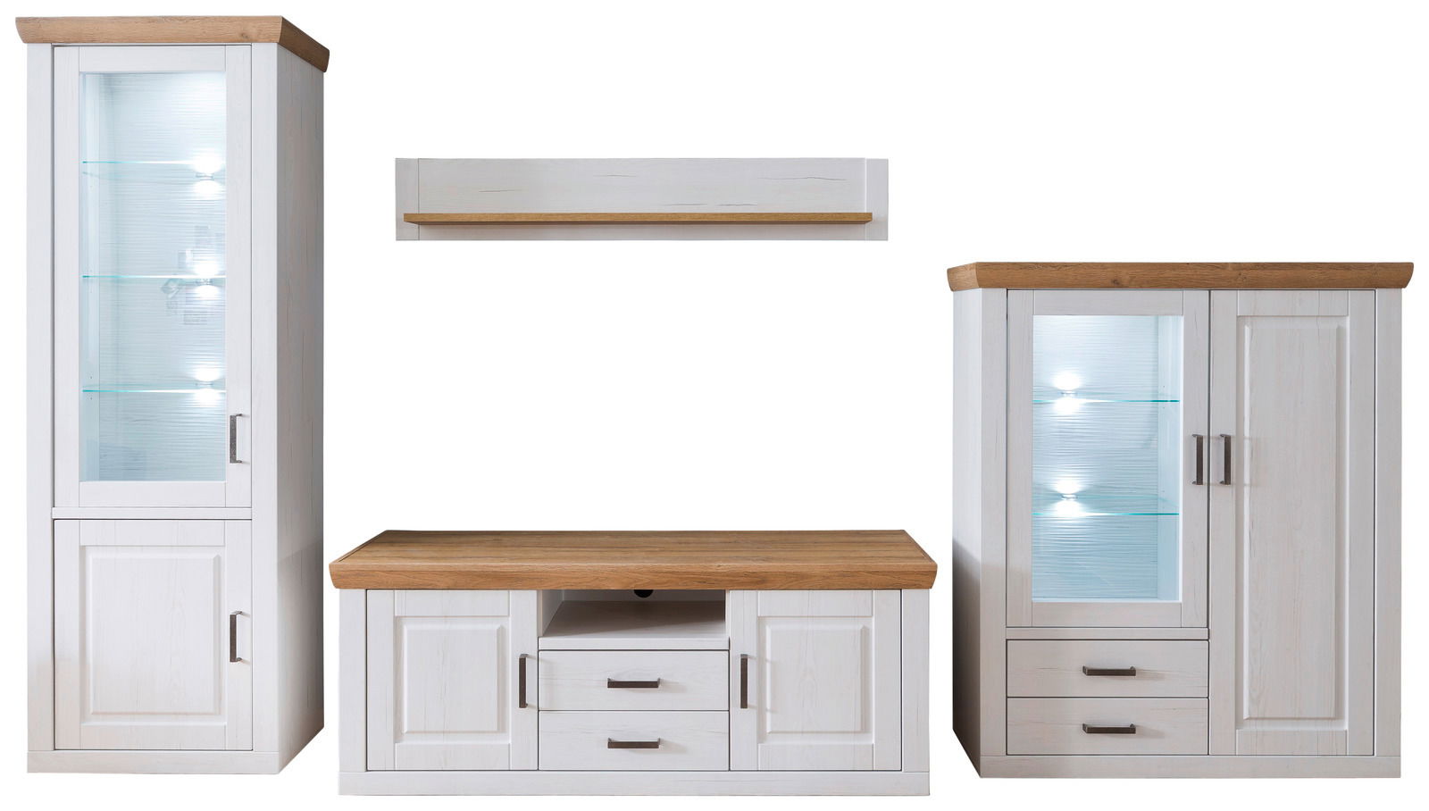 Frontale Ansicht einer modernen Wandkombination in Weiß mit Holzoberflächen, bestehend aus einem hohen Schrank mit Glastüren, einem TV-Board mit Schubladen und einem Regal.