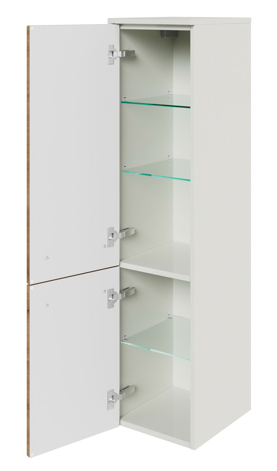 Sadena Midischrank PLAKA Weißer Midischrank mit zwei geöffneten Türen und Glasböden, seitliche Perspektive