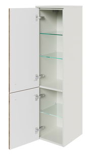 Weißer Midischrank mit zwei geöffneten Türen und Glasböden, seitliche Perspektive