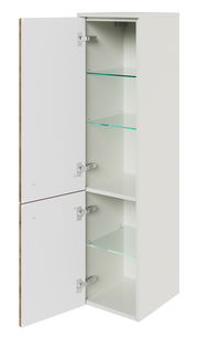 Weißer Midischrank mit zwei geöffneten Türen und Glasböden, seitliche Perspektive