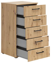 Kommode aus Holz mit vier offenen Schubladen, seitliche Perspektive