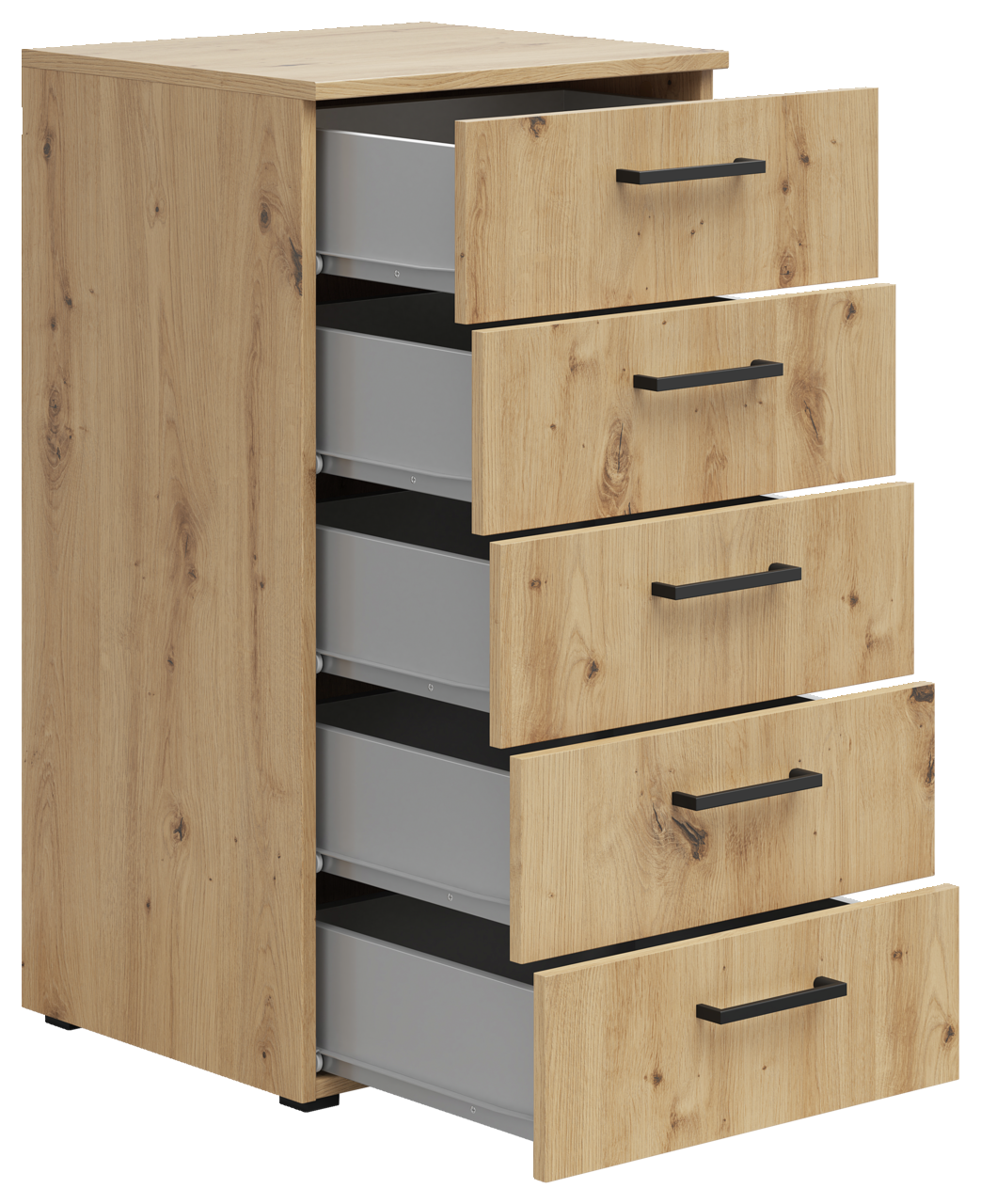 Kommode aus Holz mit vier offenen Schubladen, seitliche Perspektive