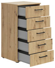 Kommode aus Holz mit vier offenen Schubladen, seitliche Perspektive