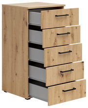 Kommode aus Holz mit vier offenen Schubladen, seitliche Perspektive