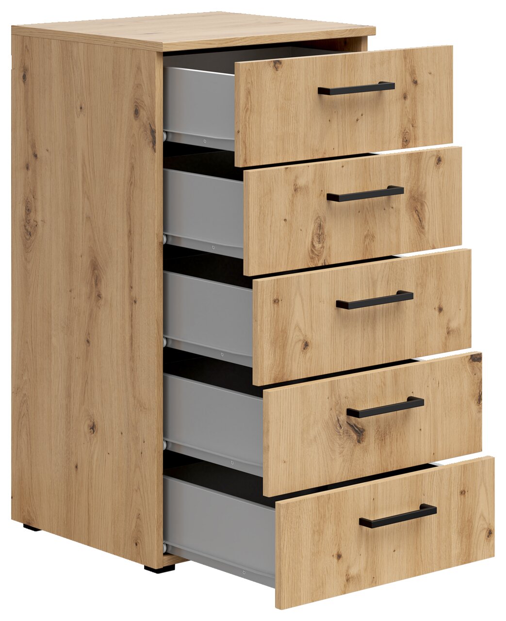 Kommode aus Holz mit vier offenen Schubladen, seitliche Perspektive