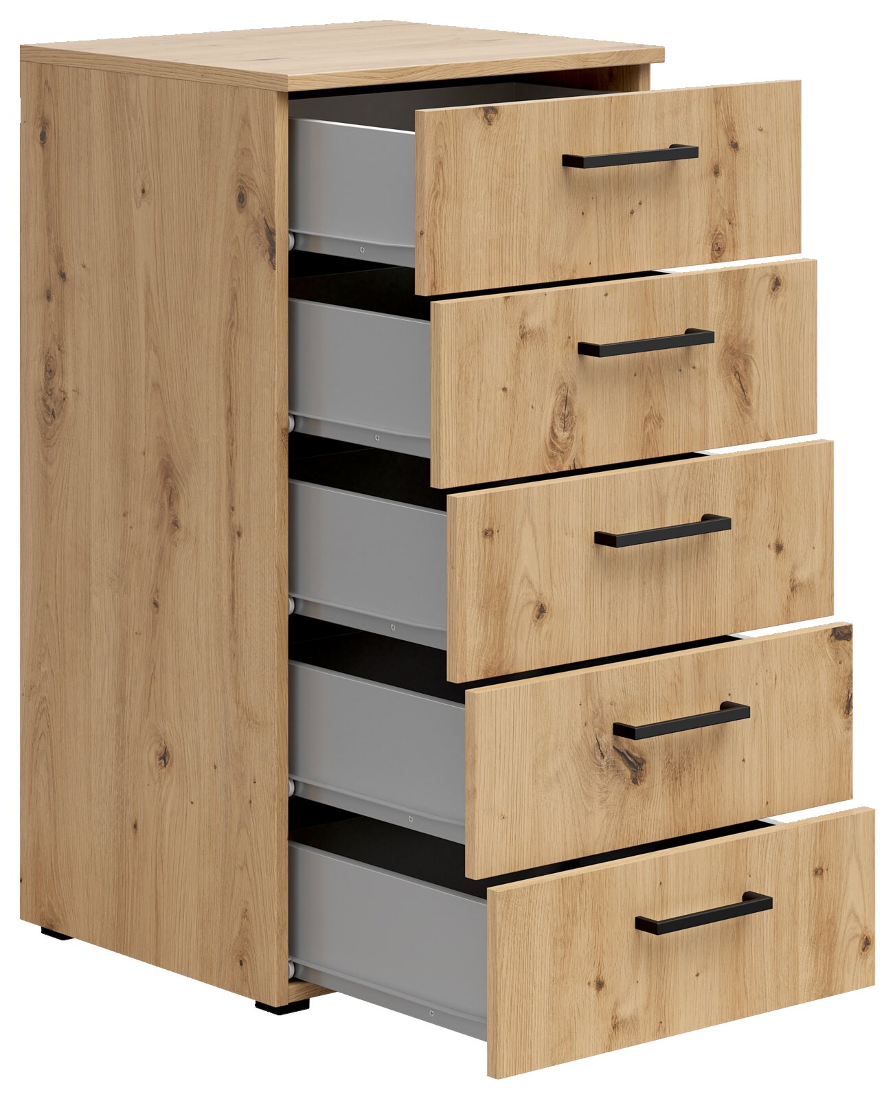Kommode aus Holz mit vier offenen Schubladen, seitliche Perspektive