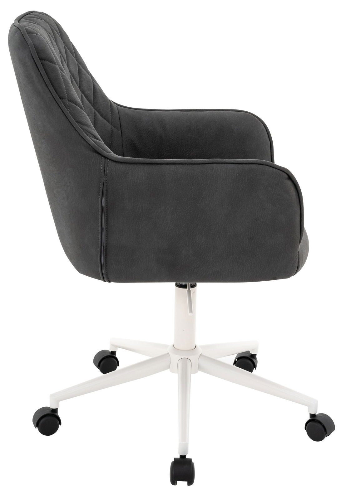 Seitenansicht eines grauen Drehstuhls mit weißem Gestell und Rollen.