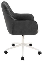 Seitenansicht eines grauen Drehstuhls mit weißem Gestell und Rollen.