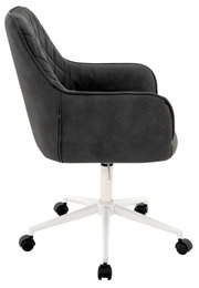 Seitenansicht eines grauen Drehstuhls mit weißem Gestell und Rollen.