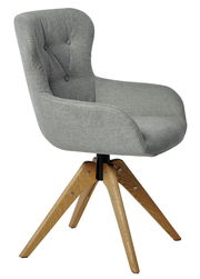 Grauer Polsterstuhl mit Holzbeinen, seitliche Perspektive