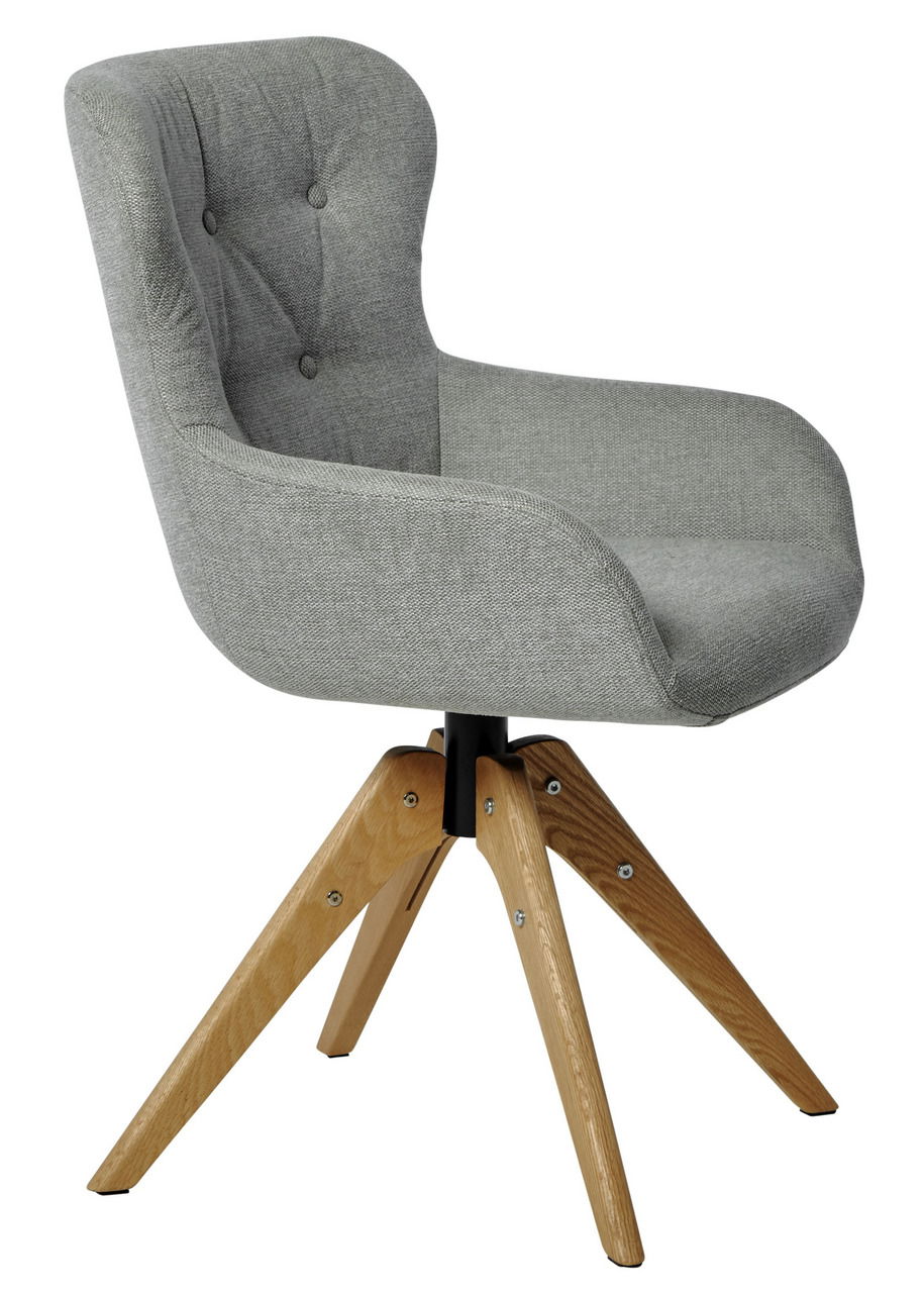 Grauer Polsterstuhl mit Holzbeinen, seitliche Perspektive