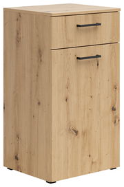 Holzkommode mit zwei Schubladen und schwarzen Griffen, Perspektive von vorne links