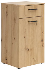 Holzkommode mit zwei Schubladen und schwarzen Griffen, Perspektive von vorne links