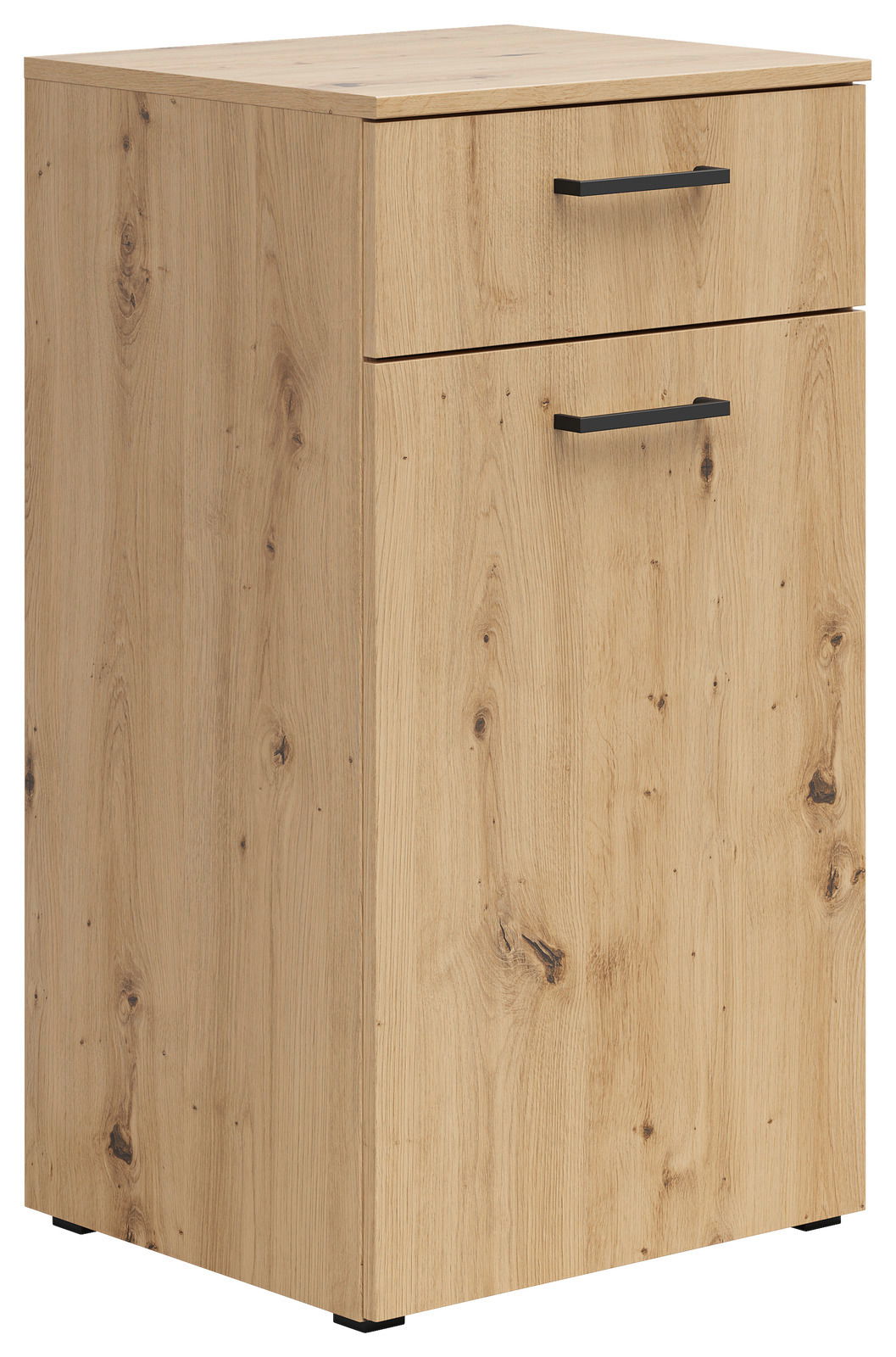 Holzkommode mit zwei Schubladen und schwarzen Griffen, Perspektive von vorne links