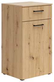 Holzkommode mit zwei Schubladen und schwarzen Griffen, Perspektive von vorne links