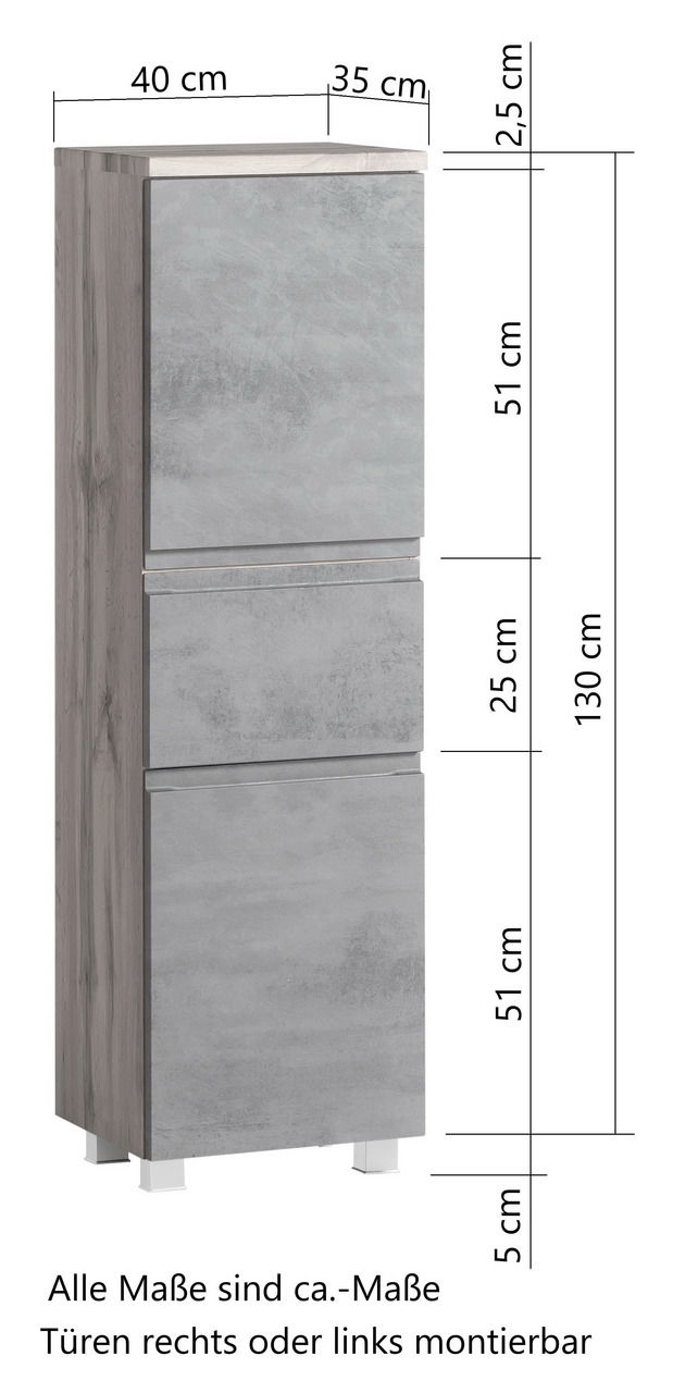 Midischrank in grauer Betonoptik, seitliche Perspektive, mit zwei Türen und einem Schubfach, Maße: 130 cm hoch, 40 cm breit, 35 cm tief.