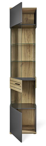 Vitrine aus Holz und Glas mit geöffneter Tür, frontal betrachtet