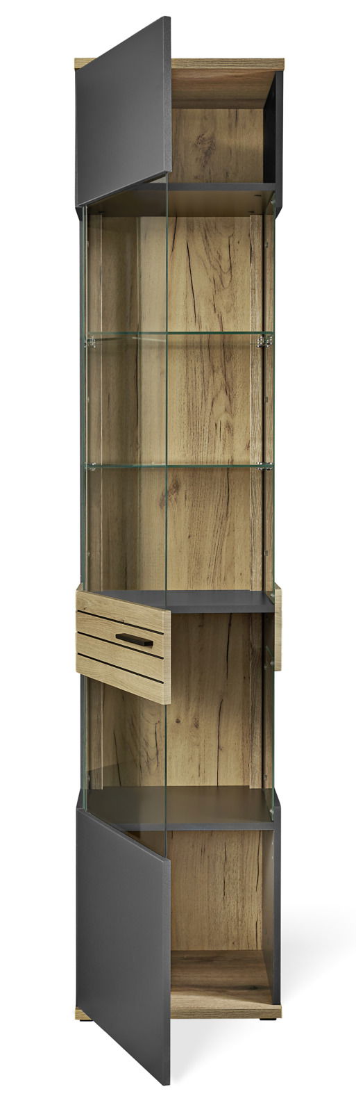 Vitrine aus Holz und Glas mit geöffneter Tür, frontal betrachtet