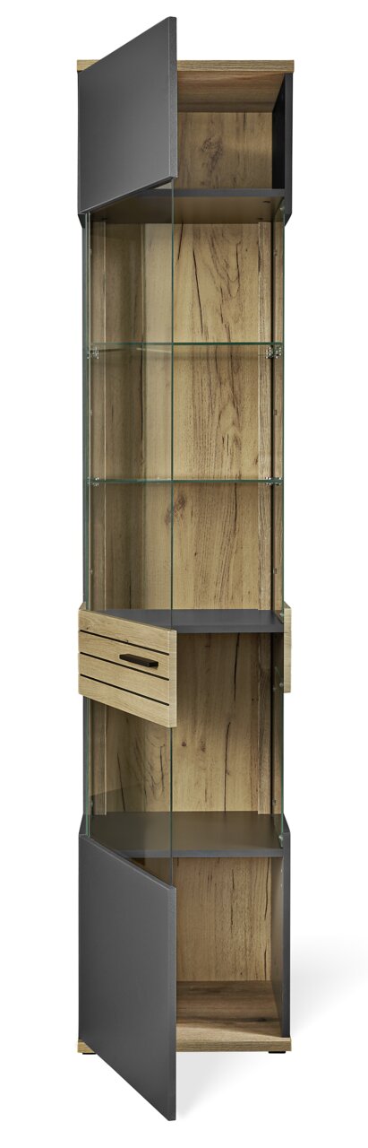 Vitrine aus Holz und Glas mit geöffneter Tür, frontal betrachtet