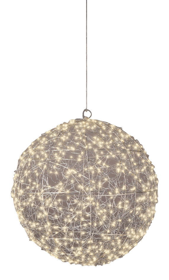 LED-Kugel aus Drahtgeflecht mit warmweißen Lichtern, von unten betrachtet