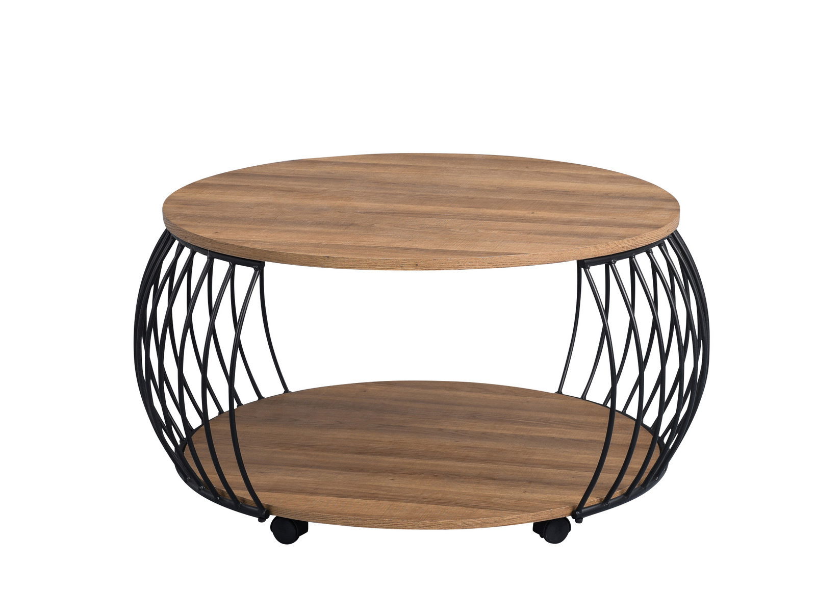 Runder Couchtisch mit Holzoberfläche und schwarzem Metallgestell, seitliche Perspektive