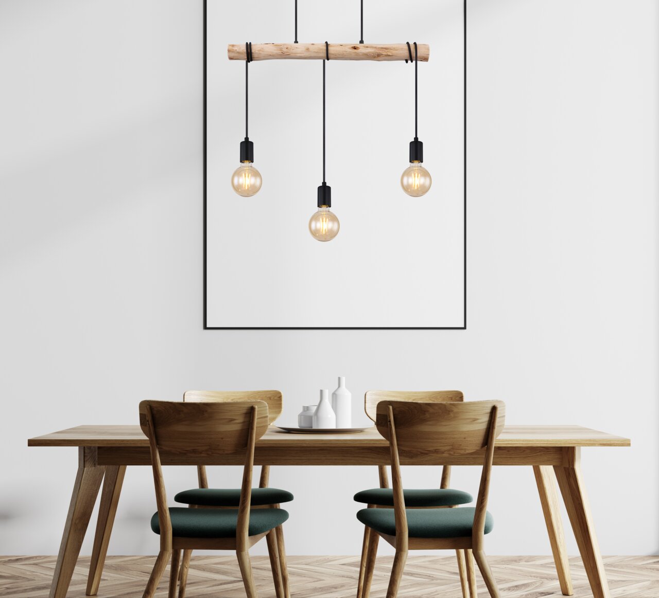 Globo Lighting Hängeleuchte GREGOR Hängeleuchte mit drei Glühbirnen an einem rustikalen Holzstab, über einem Esstisch aus Holz, aus frontaler Perspektive.