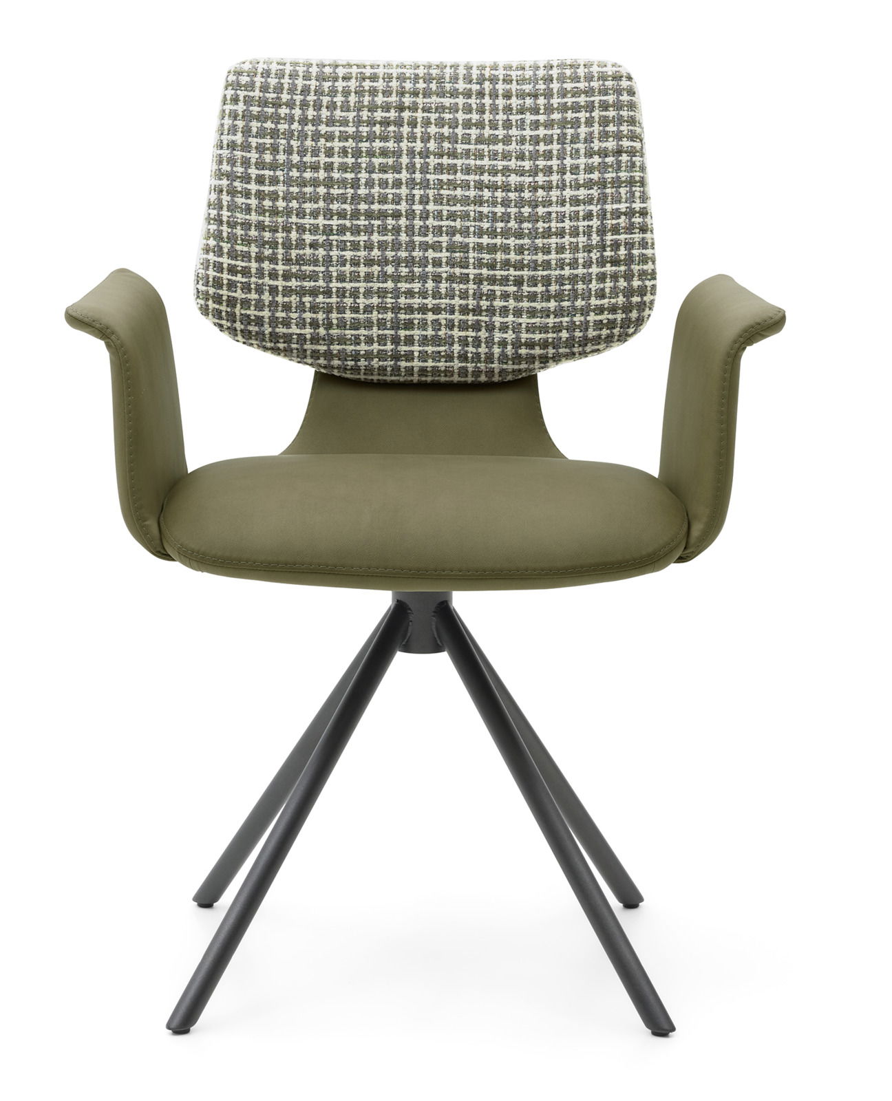 Moderner Sessel mit olivgrünem Sitz und gemustertem Rücken, aus der Frontalperspektive fotografiert.