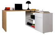 Moderner Eck-Schreibtisch mit Holz- und Weißelementen, ausgestattet mit Laptop, Lampe und Büchern, aus seitlicher Perspektive.