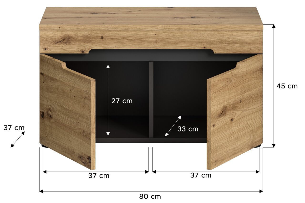 Sitzbank aus Holz mit zwei offenen Türen, die den Innenraum mit zwei Fächern zeigen. Die Bank hat eine Breite von 80 cm, eine Höhe von 45 cm und eine Tiefe von 37 cm. Frontale Perspektive.