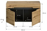 Sitzbank aus Holz mit zwei offenen Türen, die den Innenraum mit zwei Fächern zeigen. Die Bank hat eine Breite von 80 cm, eine Höhe von 45 cm und eine Tiefe von 37 cm. Frontale Perspektive.