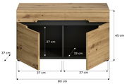 Sitzbank aus Holz mit zwei offenen Türen, die den Innenraum mit zwei Fächern zeigen. Die Bank hat eine Breite von 80 cm, eine Höhe von 45 cm und eine Tiefe von 37 cm. Frontale Perspektive.