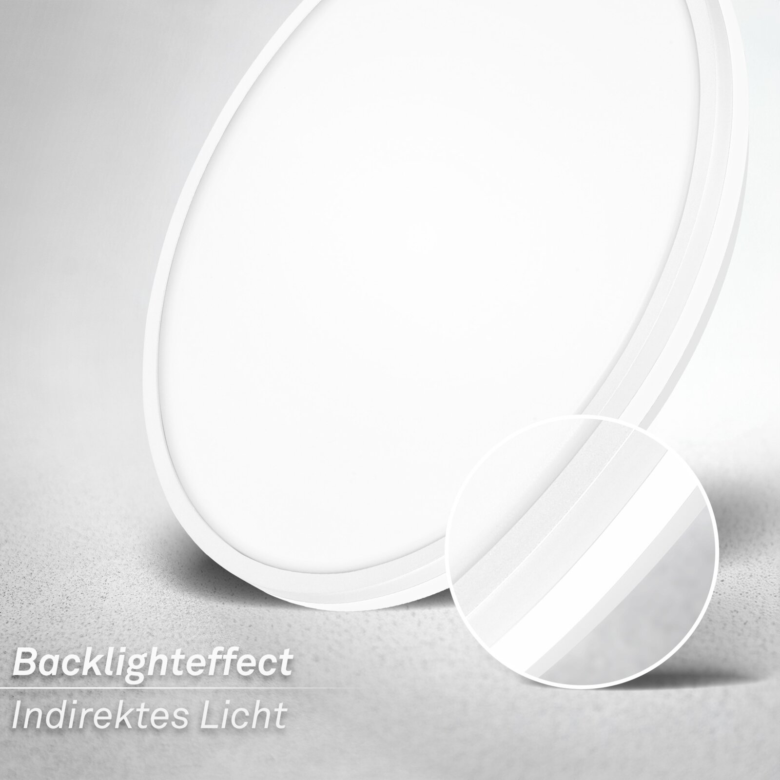 Weiße, abgerundete LED-Leuchte mit indirektem Backlight-Effekt, frontal aus leichter Seitenperspektive gezeigt; Detailansicht hebt den mehrschichtigen Rand hervor.