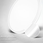 Weiße, abgerundete LED-Leuchte mit indirektem Backlight-Effekt, frontal aus leichter Seitenperspektive gezeigt; Detailansicht hebt den mehrschichtigen Rand hervor.