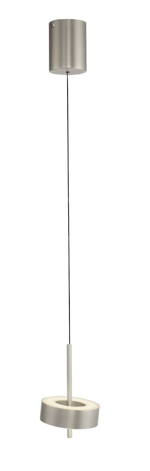 Moderne Pendelleuchte Q-ROTATE in silberner Optik, seitliche Perspektive, mit zylindrischem Deckenanschluss und ringförmigem Leuchtkörper.