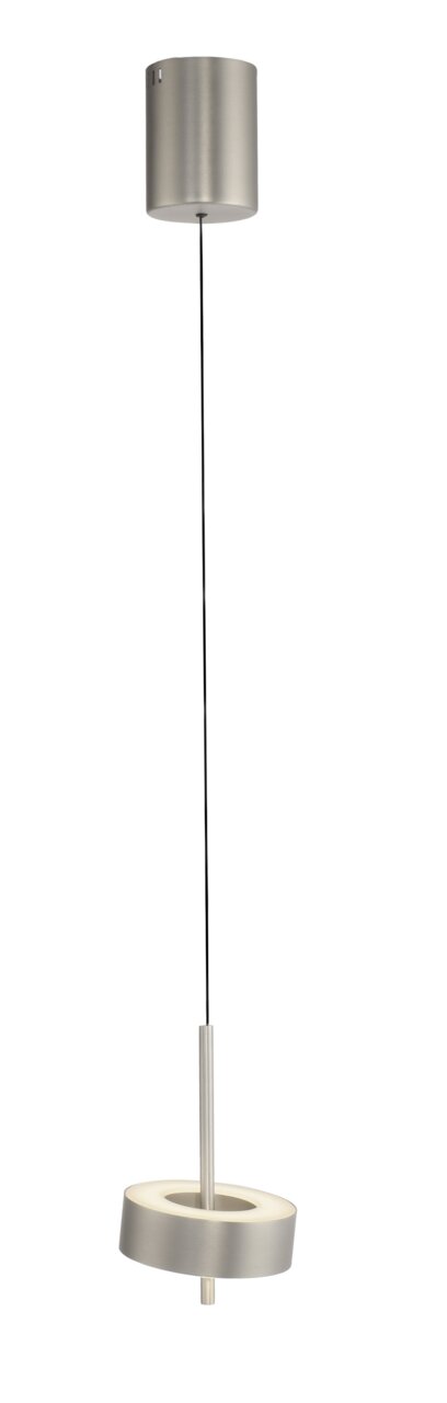 Moderne Pendelleuchte Q-ROTATE in silberner Optik, seitliche Perspektive, mit zylindrischem Deckenanschluss und ringförmigem Leuchtkörper.