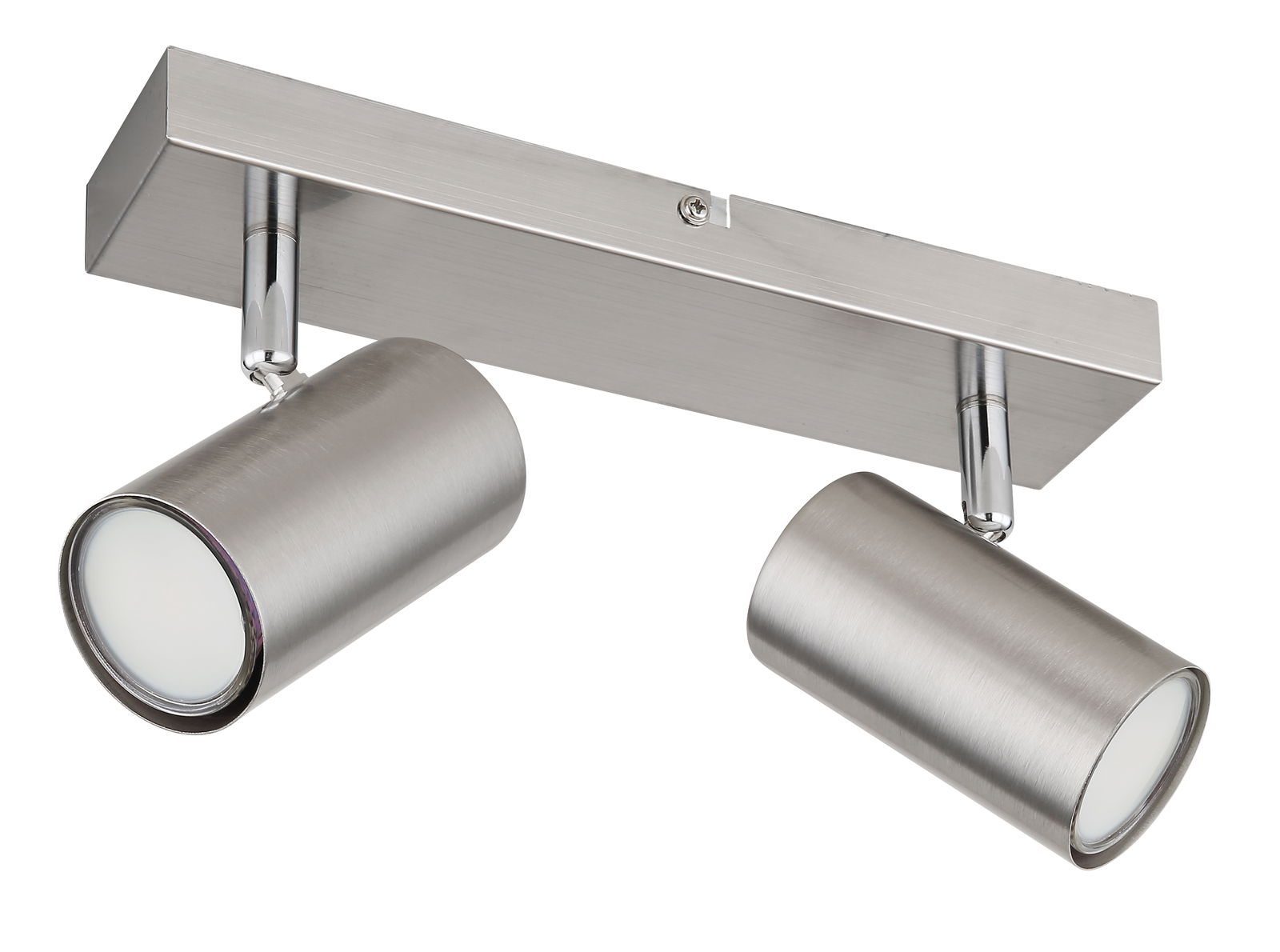 Moderner zweiflammiger Strahler aus gebürstetem Metall, seitliche Perspektive