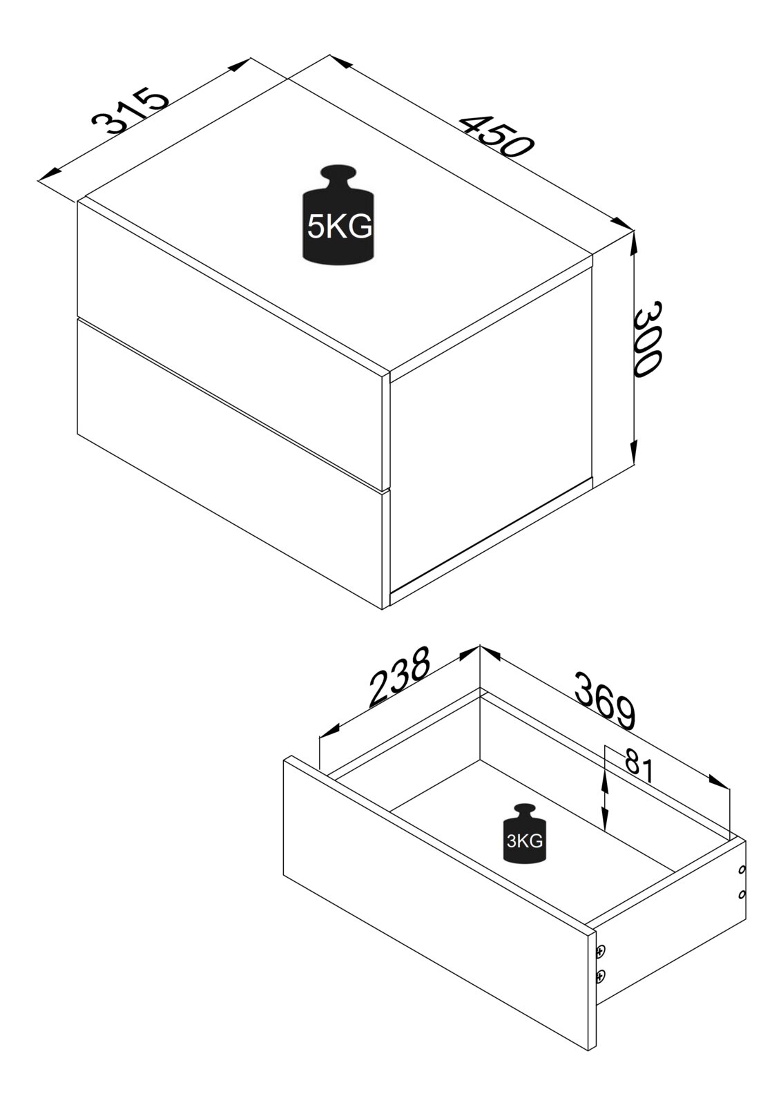 Technische Skizze eines kompakten Nachttischs/Schubladenmoduls mit einer Schublade, Maße ca. 450 × 315 × 300 mm und Belastungsangaben (oben 5 kg, Schublade 3 kg), dargestellt in schräger 3D-Perspektive von oben/vorne; darunter die geöffnete Schublade in g