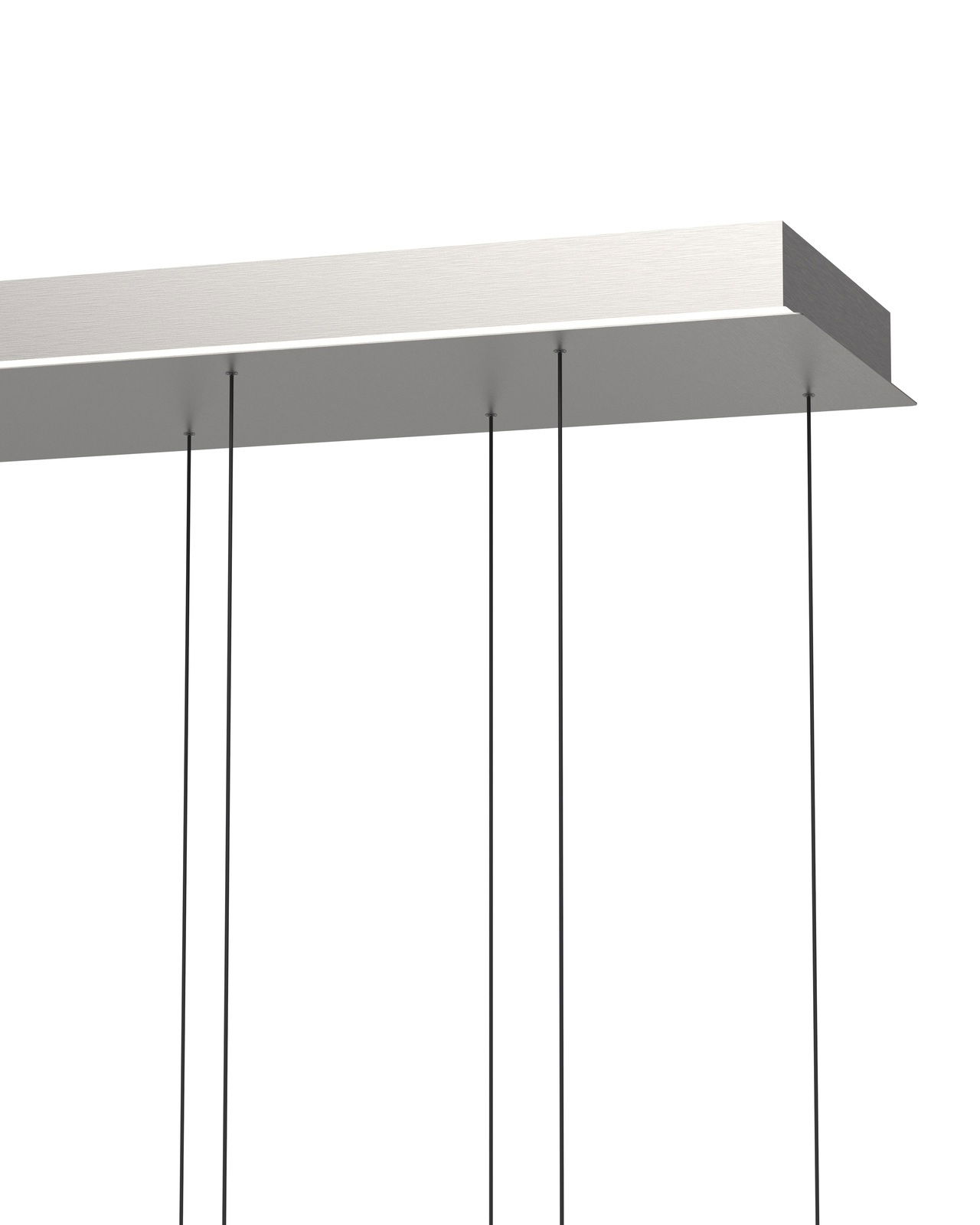 Moderne LED-Pendelleuchte von unten betrachtet, mit schlanken schwarzen Kabeln und rechteckigem Gehäuse.