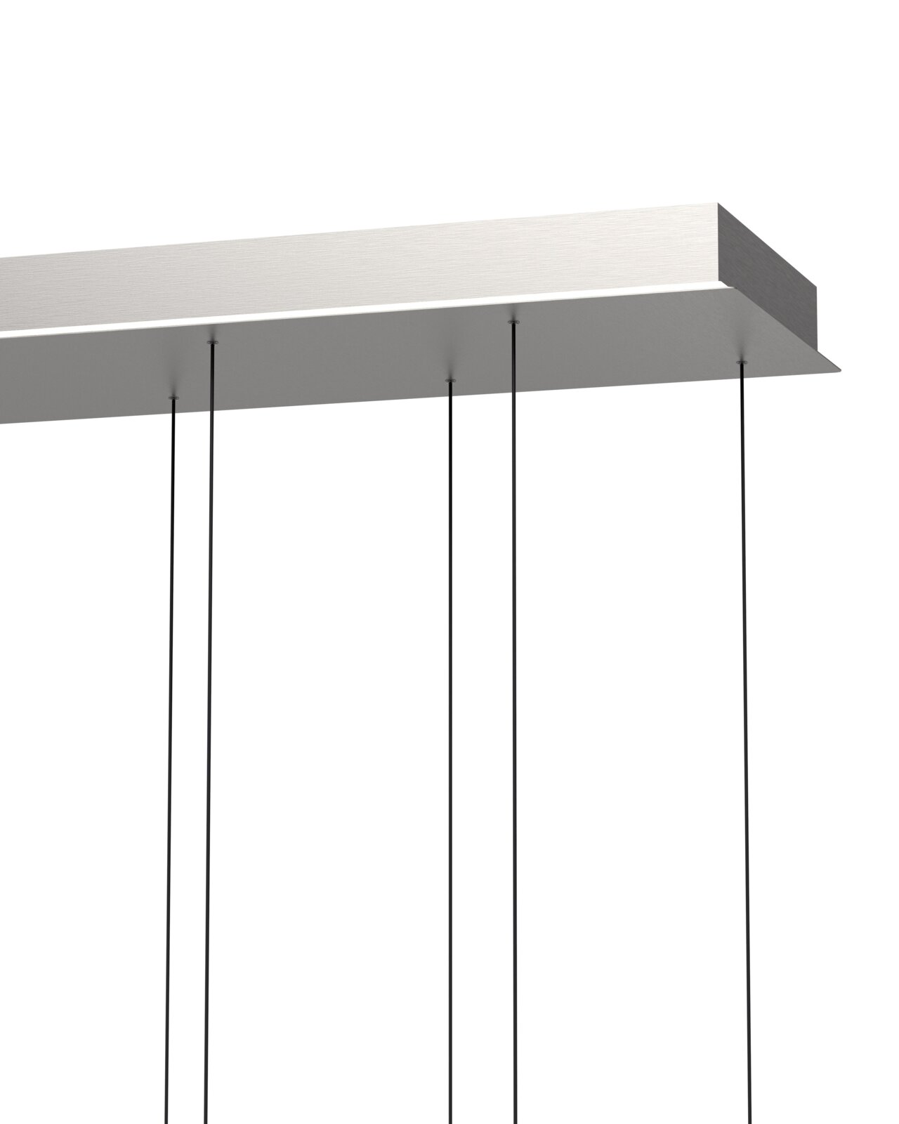 Moderne LED-hanglamp, gezien van onderaf, met slanke zwarte kabels en een rechthoekige behuizing.