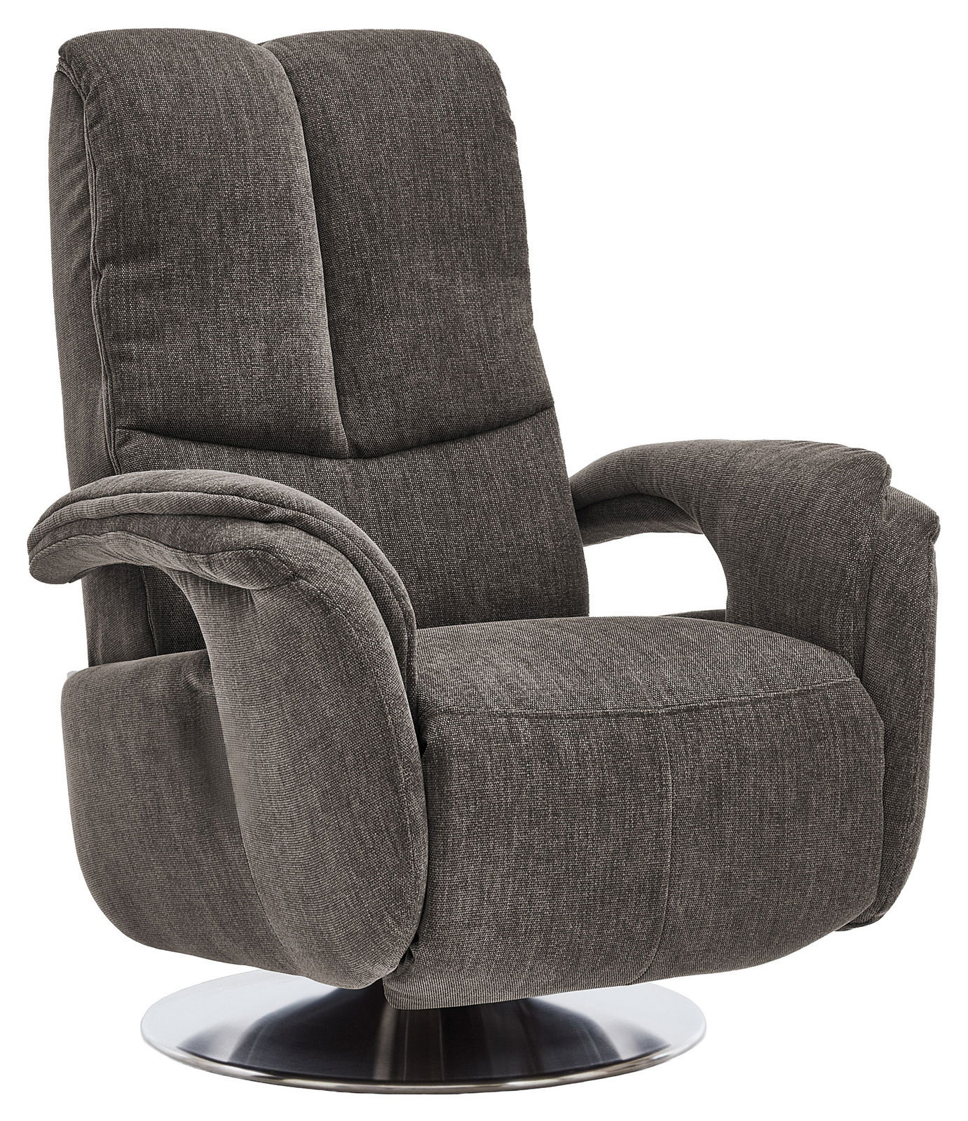 Grauer TV-Sessel mit drehbarem Metallfuß, seitliche Perspektive