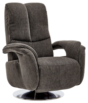 Grauer TV-Sessel mit drehbarem Metallfuß, seitliche Perspektive