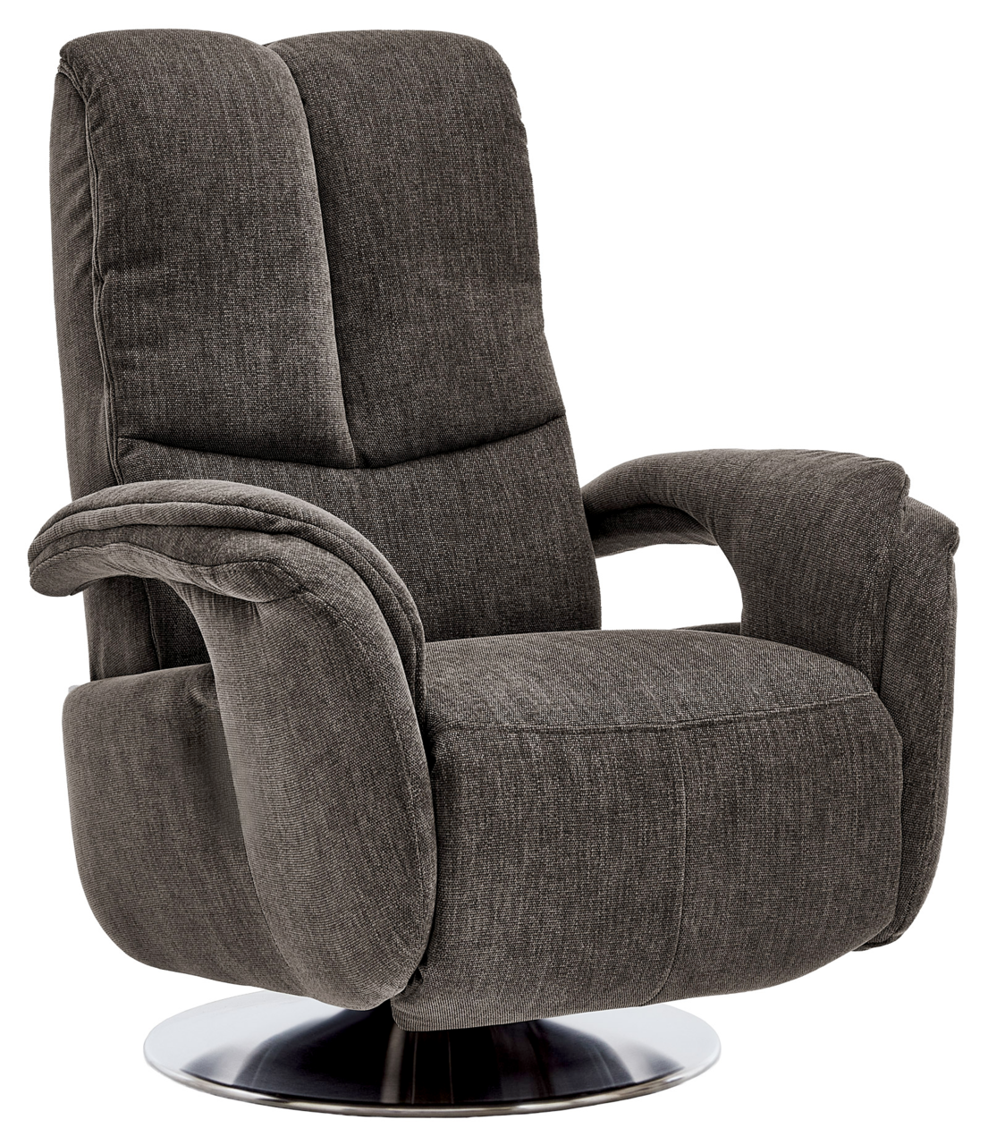 Grauer TV-Sessel mit drehbarem Metallfuß, seitliche Perspektive