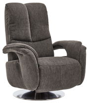 Grauer TV-Sessel mit drehbarem Metallfuß, seitliche Perspektive