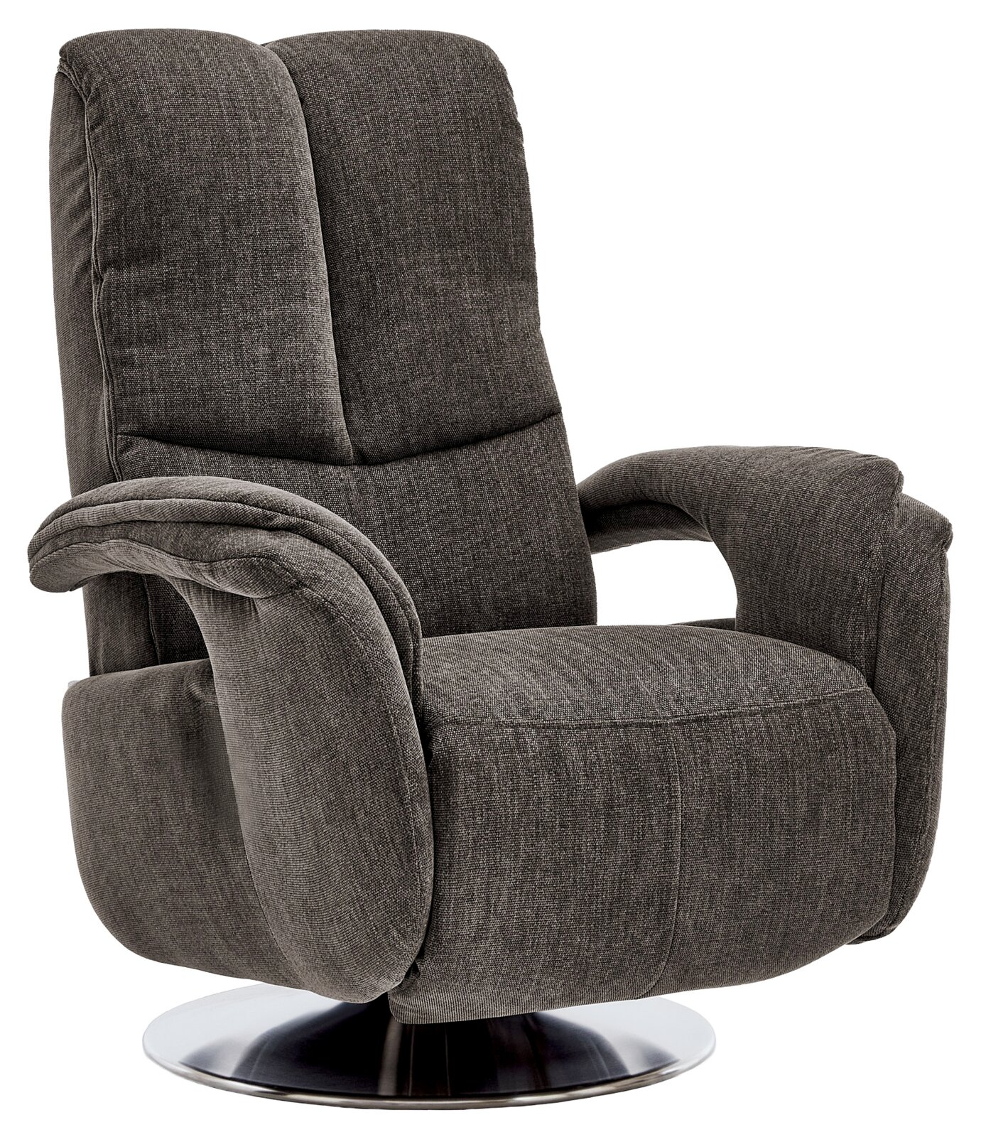 Grijze tv-fauteuil met draaibare metalen voet, zijaanzicht