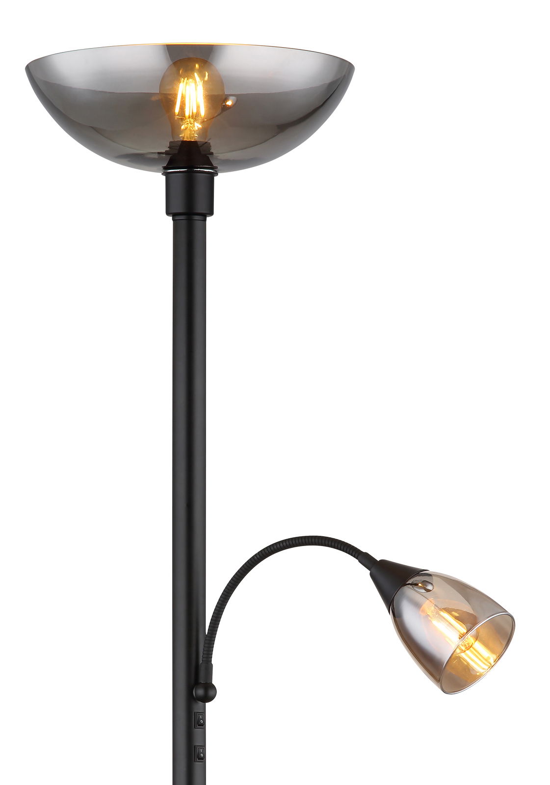 Stehleuchte BLADE mit zwei Leuchtquellen, eine nach oben gerichtete Schale und ein flexibler Lesearm, seitliche Perspektive.