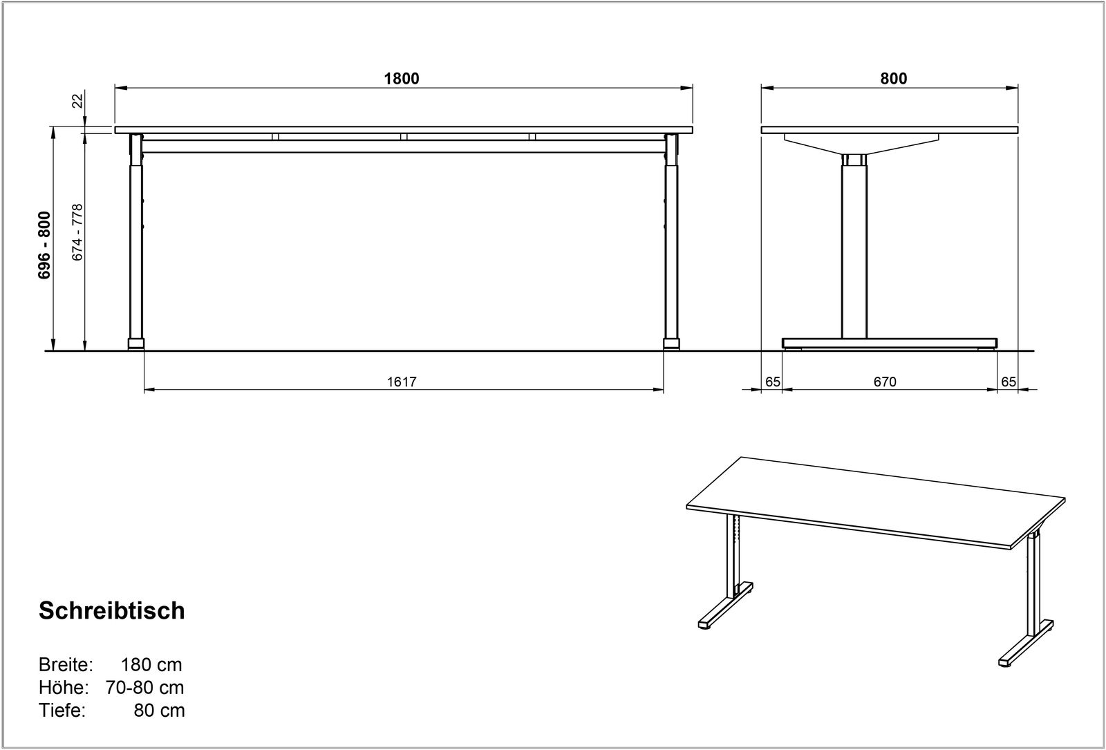 Technische Zeichnung eines Schreibtisches mit den Maßen: Breite 180 cm, Höhe 70-80 cm, Tiefe 80 cm. Ansicht von der Seite, von vorne und in isometrischer Perspektive.