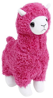 Plüschiges, pinkes Stofftier-Alpaka mit weißen Beinen und Gesicht, seitliche Perspektive