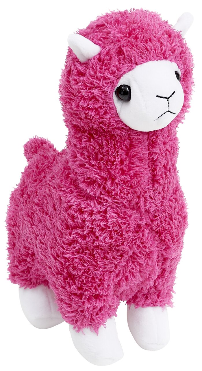 Plüschiges, pinkes Stofftier-Alpaka mit weißen Beinen und Gesicht, seitliche Perspektive