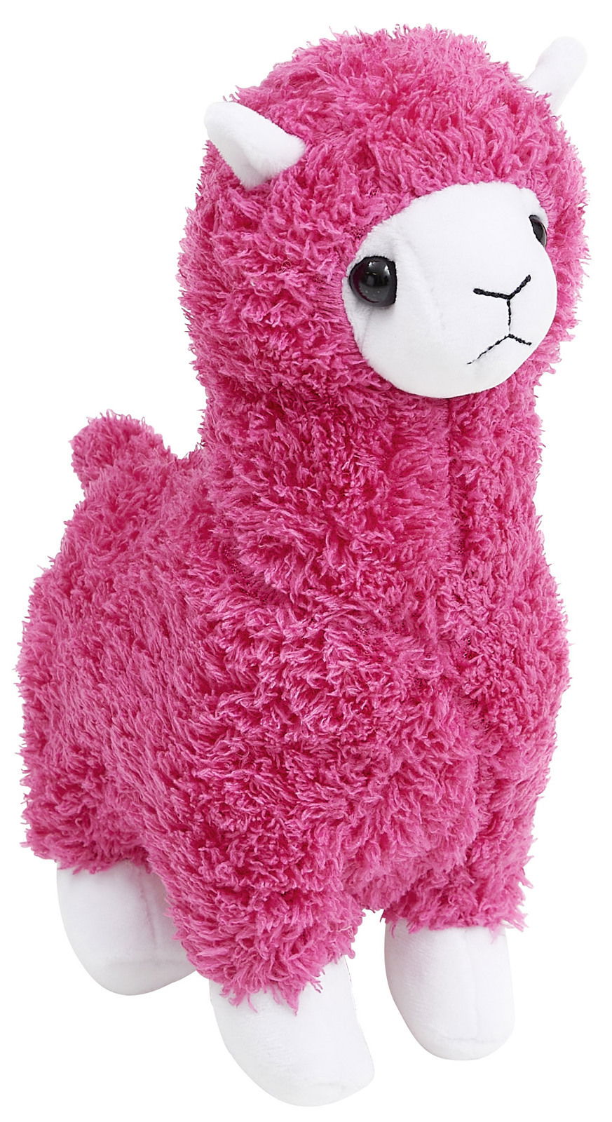 Plüschiges, pinkes Stofftier-Alpaka mit weißen Beinen und Gesicht, seitliche Perspektive